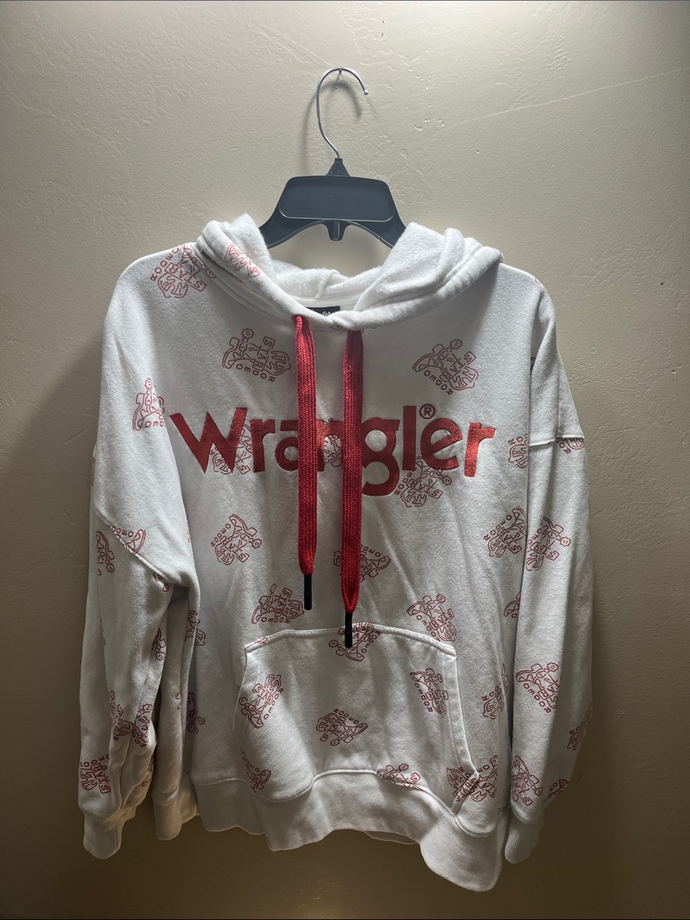 Wrangler White Crewneck Hoodie with Red Logo and Drawstrings